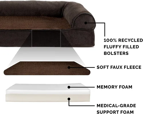 Vista 4 de Furhaven Cama para perro, de espuma viscoelástica, estilo sofá, Sherpa y chenilla, café, M