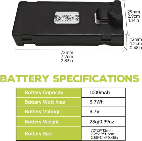 Vista 3 de sea jump 2PCS 3.7V 1000mAh Batería Lipo Adecuada para E88 E88MAX E99 E99MAX BD101 P15PRO P8 A13 A15 K10MAX RC Drone, Piezas de Repuesto de Batería