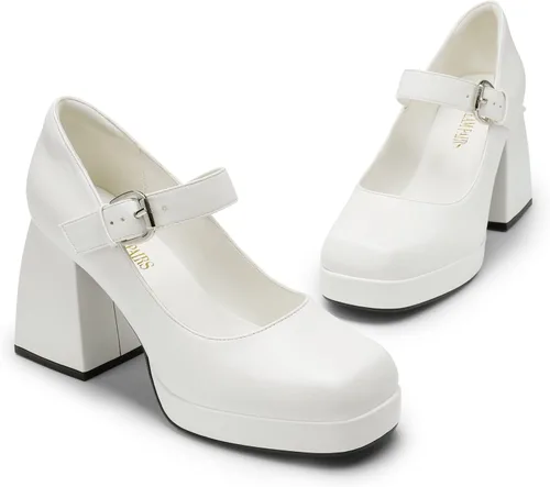 Vista 2 de DREAM PAIRS Zapatos de tacón alto y grueso con plataforma cerrada para mujer, tacón de bloque Mary Jane, punta cuadrada, con tiras, vestido de boda