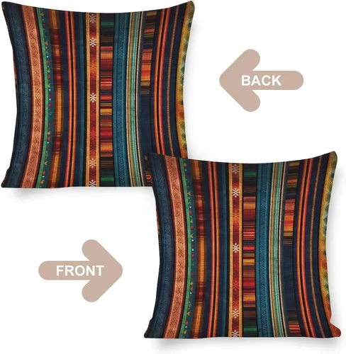 Vista 3 de Funda de cojín de lino con diseño de rayas bohemias, estilo bohemio, mexicano, retro, multicolor, funda de almohada decorativa de tela de lino