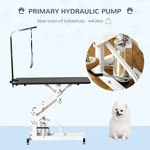 Vista 3 de Mesa hidráulica de aseo para perros pequeños, medianos y grandes, mesa de aseo para mascotas con brazo superior ajustable y soga, altura ajustable