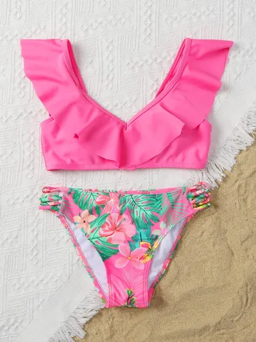Vista 5 de Romwe Traje de baño de 2 piezas para niña, con estampado floral, cuello en V, con volantes