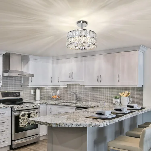 Vista 3 de Lámpara de techo redonda de cristal de 3 luces, moderna lámpara de pasillo de 12.6 pulgadas, lámpara de cocina semiempotrada cromada con pantalla