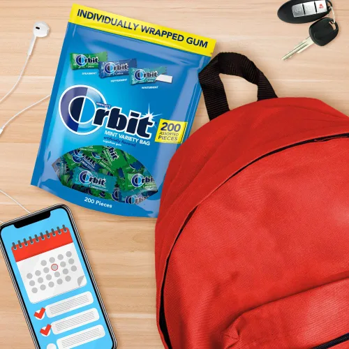 Vista 6 de Orbit - Goma de mascar con sabor a menta, menta verde y menta de invierno, paquete al por mayor sin azúcar, bolsa de 200 piezas, 13.4 oz Minty
