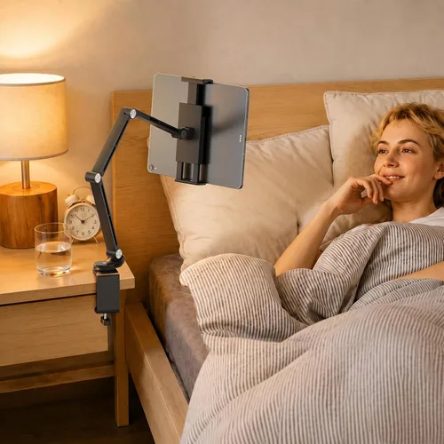 Vista 6 de Houele Soporte para Tableta, Brazo Plegable Ajustable para Tableta iPad Soporte de Escritorio con Base Giratoria de 360°, Soporte para Teléfono