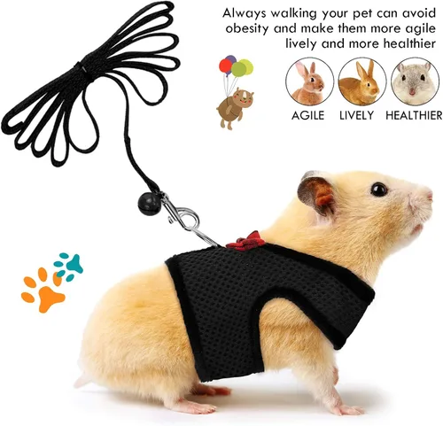 Vista 5 de Arnés y correa de conejillo de indias de 4 piezas de malla suave para mascotas pequeñas con campana de lazo, chaleco acolchado cómodo