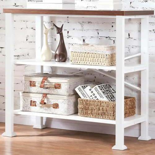 Vista 11 de HOMBAZAAR - Estantería de 3 niveles, estantería industrial negra, estanterías profundas de madera y metal de ingeniería, estantería baja para sala