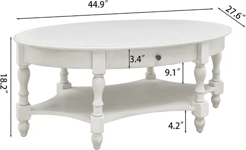 Vista 2 de Mesa de centro con cajón, mesa central ovalada de madera maciza con estante de almacenamiento, mesa de sala de estar tradicional con elegante