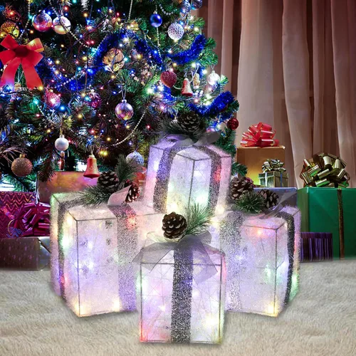 Vista 4 de COVFEVER Cajas de Regalo Iluminadas de Navidad, Juego de 4 Cajas de Regalo con Luces Preinstaladas, Juego de Cajas de Regalo Iluminadas que