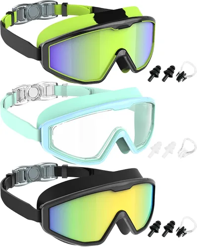 Vista 15 de NSSIW Gafas de natación para niños, antiniebla, sin fugas, con clip para la nariz, tapones para los oídos para niñas, niños y jóvenes, 6-14, paquete