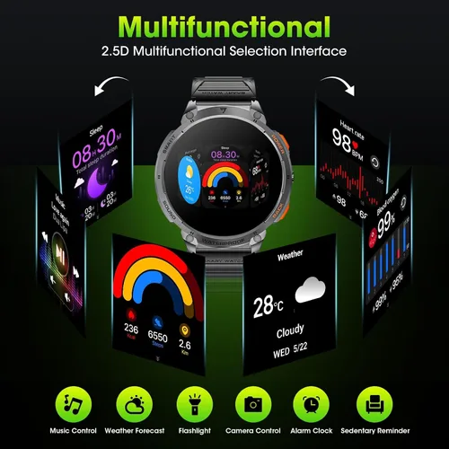 Vista 7 de Military Smart Watches for Men, 1.85" HD Large Screen Smart Watch, Flashlight/730mAh/110+ Sports Modes Fitness Tracker Watch, Waterproof Mens Smart