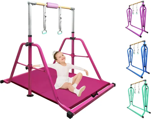 Vista 16 de Foldable Gymnastics Kip Bar with Rings & Bar Pad, 3 FT–5 FT Adjustable Horizontal Bar for Kids, 7-Level Height, 300 LBS Weight Capacity, Indoor Home