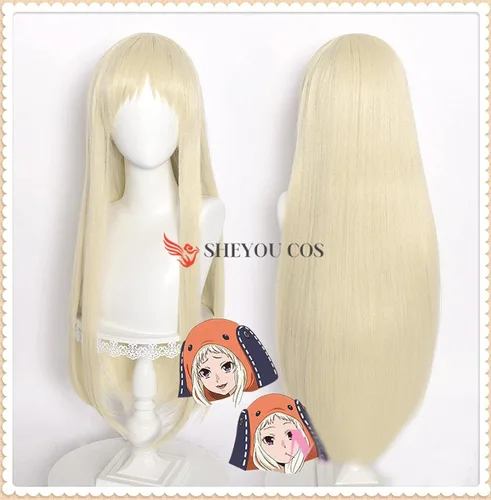 Vista 2 de Uearlid Peluca de anime Cosplay Kakegurui Runa Yomozuki, peluca larga y recta rubia con flequillo limpio resistente al calor, pelucas sintéticas