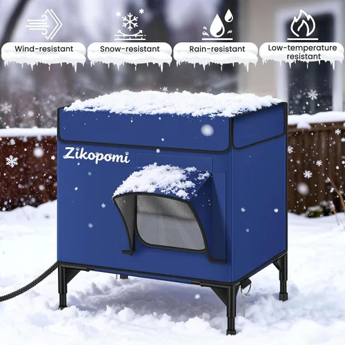 Vista 7 de Zikopomi Casa climatizada para gatos para exteriores con base elevada, casa para gatos al aire libre con 2 puertas de escape seguras, diseño
