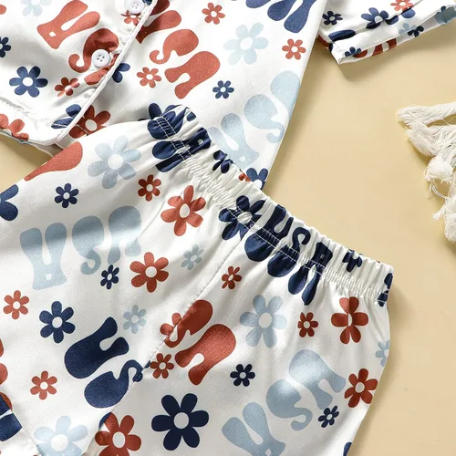 Vista 5 de Conjunto de pijama de satén para bebés y niños pequeños, pijamas de manga larga con botones para niñas 4 de julio