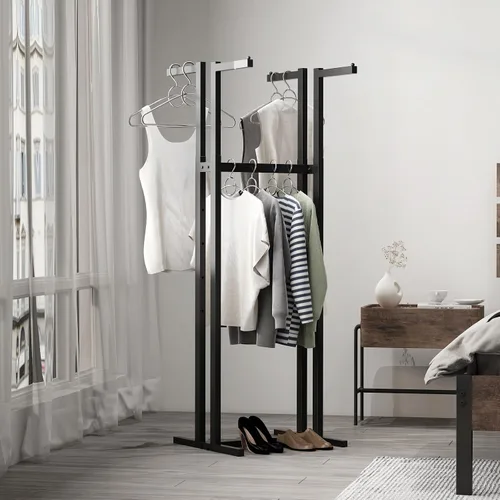 Vista 6 de Percheros de Ropa Negros con 4 Brazos Rectos, Perchero de Metal para Colgar Ropa, Perchero Independiente Heavy Duty, 46" a 63" de Altura Ajustable