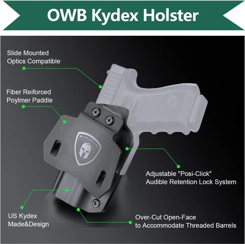 Vista 3 de WARRIORLAND Funda OWB Kydex con corte óptico, ajuste seleccionado para Glock 17/19/19X/43/43X MOS, sin riel 1911, Hellcat/Hellcat Pro, Taurus