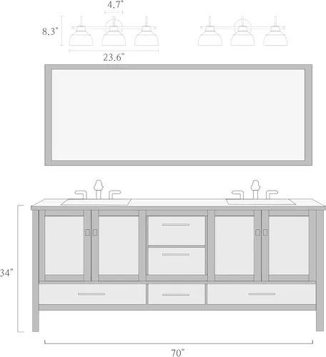 Vista 7 de KSANA Lámpara de baño negra, lámpara de tocador de 3 luces con pantalla de cristal transparente de gran apertura, moderna lámpara de pared de granja