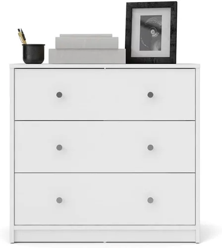 Vista 5 de Atlin Designs Cómoda de madera contemporánea con 3 cajones, acabado blanco, 26.75 pulgadas de alto x 28.5 pulgadas de ancho x 11.75 pulgadas