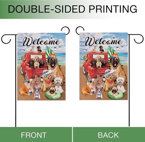 Vista 4 de Hzppyz Bandera de bienvenida de verano con texto en inglés "Dogs Red Truck" para jardín, playa y jardín, de doble cara, para recolección náutica