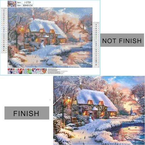 Vista 2 de wifreo Pintura de diamante 5D con escena de nieve navideña, kit de pintura de diamantes por números para adultos y niños, bordado redondo de punto