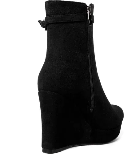Vista 5 de MERRORI Bukle - Botas altas de tacón alto para mujer, puntera redonda, plataforma de gamuza sólida, de 4 pulgadas