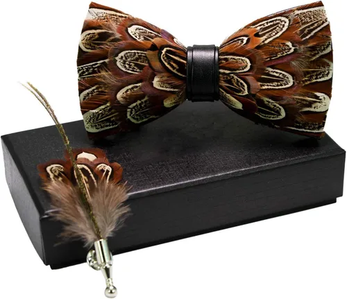 Vista 2 de RBOCOTT Pajarita y broche hechos a mano con plumas preatadas para hombre