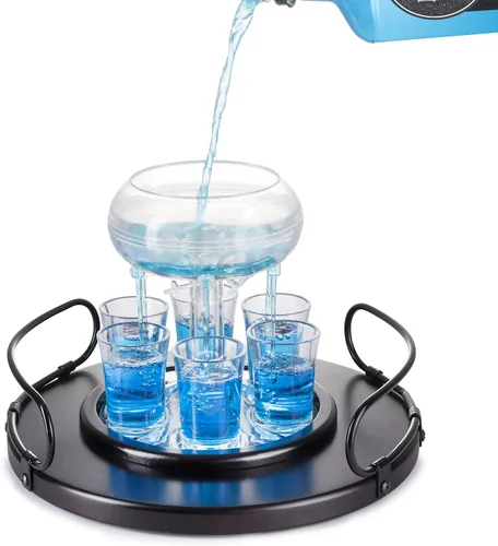 Vista 9 de Bezrat Juego de regalo dispensador de vidrio de chupito, bandeja de madera rica de caoba para servir - Dispensador y soporte de vidrio acrílico de 6