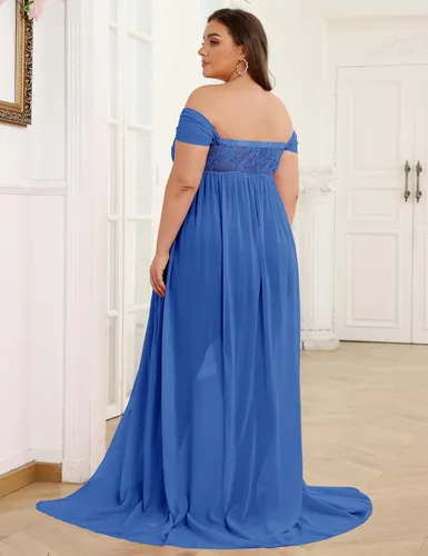 Vista 5 de Vestido de maternidad para sesión de fotos con hombros descubiertos, vestido de gasa con abertura frontal, maxi vestidos de embarazo para fotografía