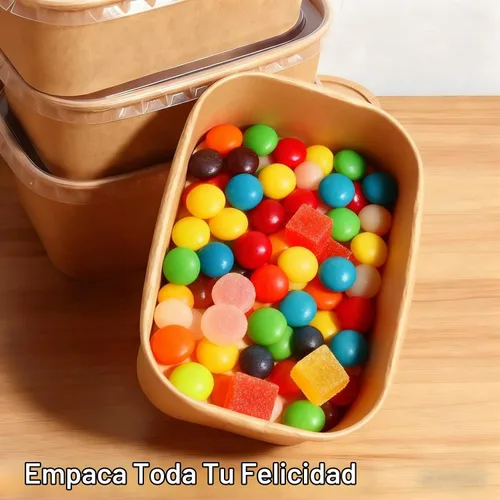 Vista 3 de Paquete de 50 recipientes de papel de 25 onzas con tapas, recipientes desechables para alimentos, cuencos de papel rectangulares marrones con tapas