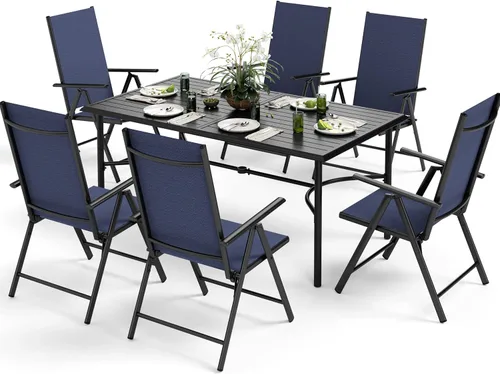 Vista 8 de MIXPATIO Juego de comedor de patio de 7 piezas, juego de muebles para exteriores con mesa de comedor rectangular de metal con revestimiento Negro