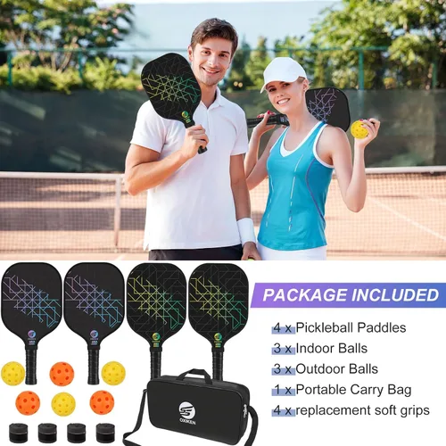 Vista 5 de Juego de 4 palas de pickleball aprobadas por USAPA de fibra de carbono (CHS), núcleo de panal de polipropileno, agarre antideslizante que absorbe