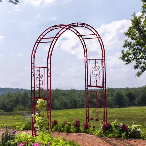 Vista 2 de Estructura de arco de jardín al aire libre de metal de Plow & Hearth, de 84 pulgadas de alto, entramado de celosía de hierro para plantas Rojo