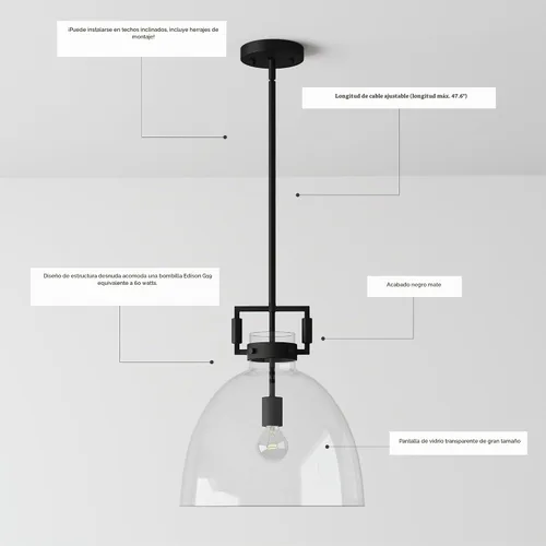 Vista 3 de Nathan James Leigh Iluminación Colgante, Luz Colgante de Techo Negra con Pantalla de Vidrio de Gran Tamaño y Cable Ajustable, para Isla de Cocina