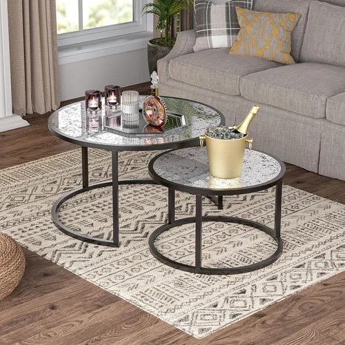 Vista 2 de Juego de 2 mesas auxiliares anidables, mesas auxiliares apilables rústicas, modernas mesas redondas de madera con patrón de mármol para sala