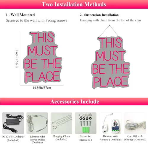 Vista 3 de Letrero de neón con texto en inglés «This Must Be The Place» para decoración de pared para bodas, aniversarios, fiestas, dormitorio (rosa)