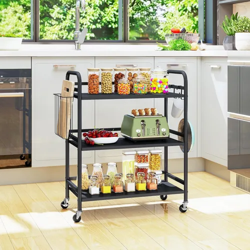 Vista 6 de HDANI Carrito de metal rodante de 3 niveles, carrito multiusos de alta capacidad resistente para oficina, cocina, sala de estar, dormitorio, negro
