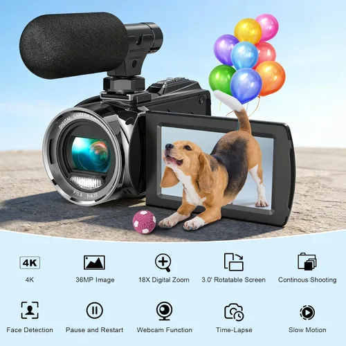 Vista 8 de Cámara de vídeo 4K, videocámara UHD de 36MP para vlogging en YouTube, zoom digital de 18 aumentos, pantalla IPS de 3" con rotación de 270°