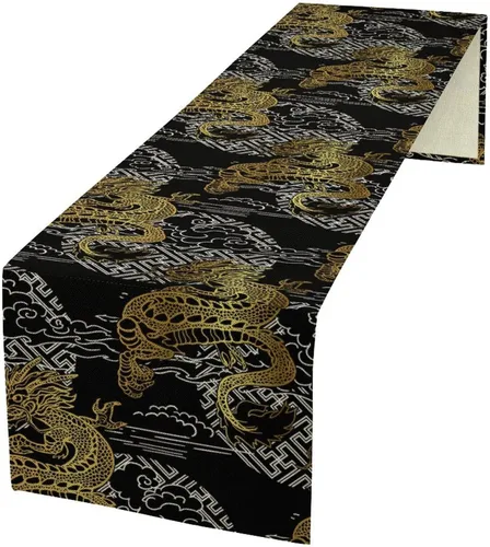 Vista 42 de Camino de mesa de dragón chino, Asia mitológico abstracto, camino de mesa para cocina, comedor, boda, fiesta, vacaciones, 13 x 36 pulgadas