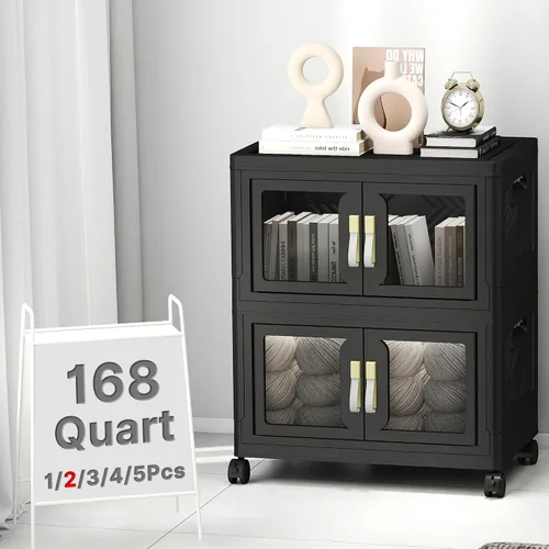 Vista 14 de Contenedor de almacenamiento apilable de 48 cuartos de galón con tapa, ruedas y puerta, organizador plegable de 12 galones para dormitorio, estudio