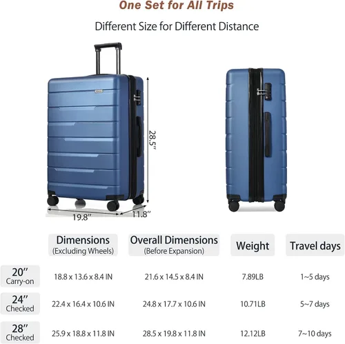 Vista 7 de Merax 3 piezas expandible Abs Hardshell Equipaje Sets con rueda giratoria Maleta TSA Lock Suit Case, marino, Merax 3 unids expandible Abs Hardshell