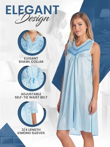 Vista 5 de Casual Nights Conjunto de bata y camisón de satén de 2 piezas para mujer Bordado Azul