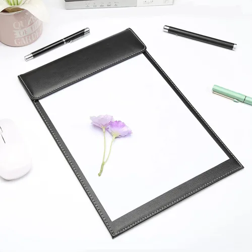 Vista 5 de KINGFOM Carpeta de archivos de escritorio de oficina de cuero A4 con clip de papel para dibujo y escritura, carpeta de archivos de tableta con clip