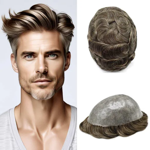 Vista 72 de Toupee para hombres Sistema de reemplazo de cabello humano real para hombres Completo PU Mens Hairpiece de aspecto natural para hombre piezas
