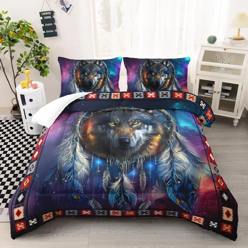 Vista 33 de AILONEN Juego de edredón con cabeza de lobo impresa tamaño individual, juego de ropa de cama de lobo para la noche para niños y hombres, juego