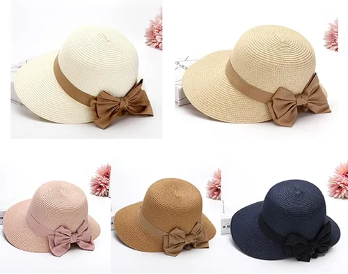 Vista 2 de Sombreros de playa de ala ancha para mujer, protección UPF 50+, sombrero de paja plegable para verano Beige