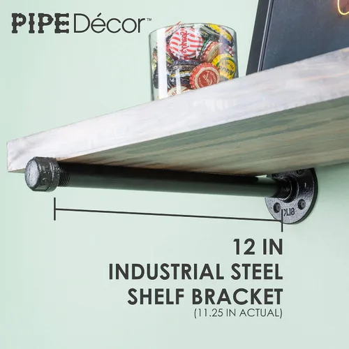 Vista 3 de Pipe DÉCOR - Juego de 4 soportes industriales galvanizados de acero negro para estantes colgantes, soporte montado en la pared, pre-sellado y listo
