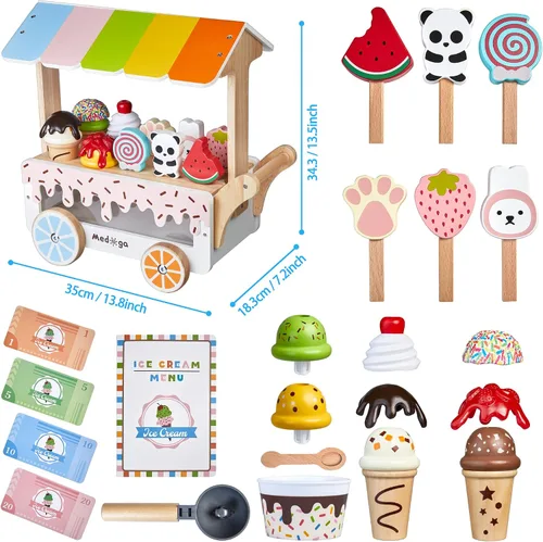 Vista 5 de Carrito de Helados de Madera Juguete Playset con Juguetes de Helado Juego de Comida de Simulación Camión de Comida Accesorios de Cocina de Juego