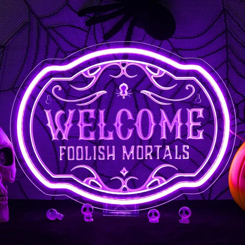 Vista 8 de Horseneon Letrero de neón de Navidad con texto en inglés "Welcome Foolish Mortals", mansión embrujada, decoración de pared LED para puerta, Mab