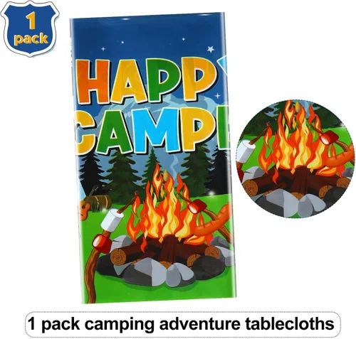 Vista 3 de Tegeme Mantel de plástico con temática de fogata y bosque, 1 pieza, para campamento, fiesta, suministros de decoración